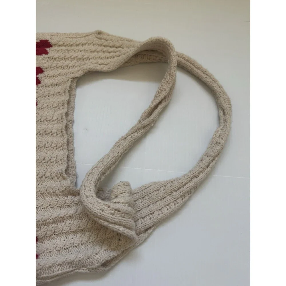 Heart Pattern Knit Tote Bag Cream Red Hearts Shoulder Bag  Casual